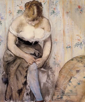  Damen Kunst - Frau die ihr Strumpfband Eduard Manet befestigt